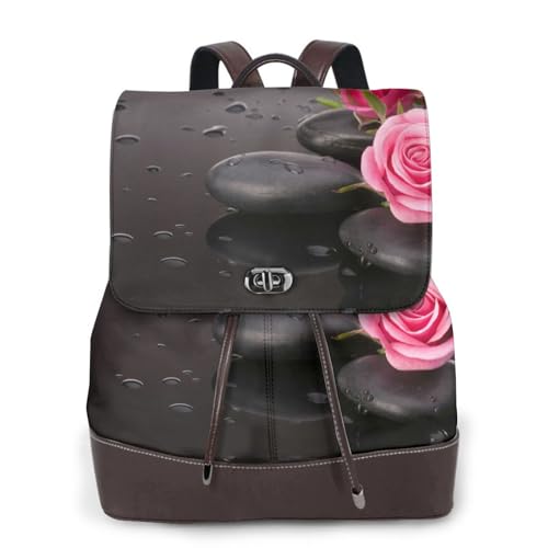 Spa-Rucksack mit Stein- und Rosen-Blumendruck, modischer Damenrucksack, PU-Leder, Handtasche, wasserdichter Rucksack, Reiserucksack mit Klappe, Schwarz , Einheitsgröße von YBAZYBXY