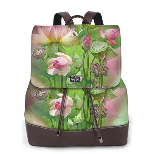 Spirit of the Lotus Print Damen Fashion Rucksack Damen PU-Leder Rucksäcke Handtasche Wasserdichter Rucksack Reiserucksack mit Klappe, Schwarz , Einheitsgröße von YBAZYBXY