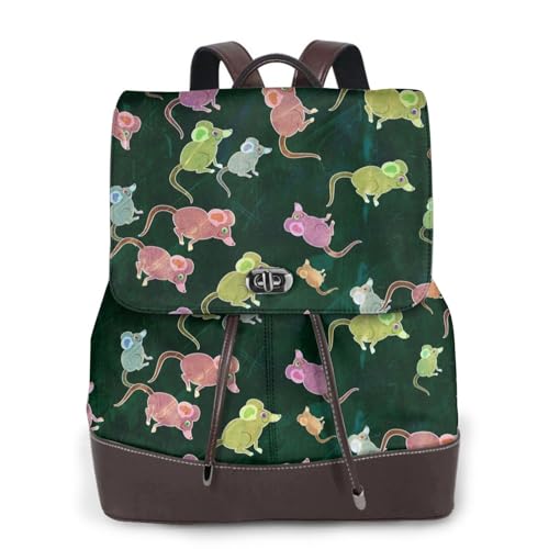 Süßer Maus-Druck, modischer Damenrucksack, PU-Leder-Rucksäcke, Handtasche, wasserdichter Rucksack, Reiserucksack mit Klappe, Schwarz , Einheitsgröße von YBAZYBXY