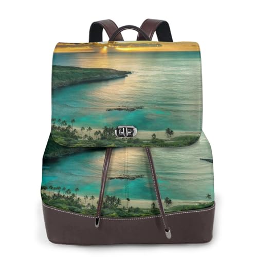 Sunrise Over Hawaii Print Damen Fashion Rucksack Damen PU-Leder Rucksäcke Handtasche Wasserdichter Rucksack Reiserucksack mit Klappe, Schwarz , Einheitsgröße von YBAZYBXY