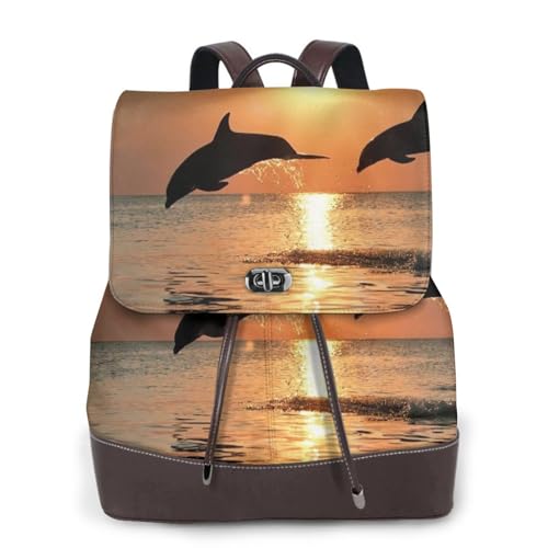 Sunset Dolphin Print Damen Fashion Rucksack Damen PU-Leder Rucksäcke Handtasche Wasserdichter Rucksack Reiserucksack mit Klappe, Schwarz , Einheitsgröße von YBAZYBXY