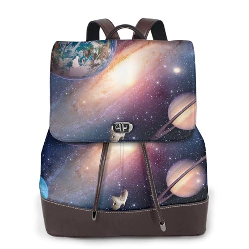 Universe Planet Print Damen Fashion Rucksack Damen PU-Leder Rucksäcke Handtasche Wasserdichter Rucksack Reiserucksack mit Klappe, Schwarz , Einheitsgröße von YBAZYBXY