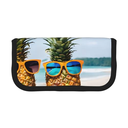 YBAZYBXY Federmäppchen aus Segeltuch mit Strandmotiv und Ananasmotiv, stilvolles Federmäppchen, Make-up-Tasche, für den täglichen Gebrauch auf Reisen, Schwarz , Einheitsgröße, Kosmetikkoffer von YBAZYBXY