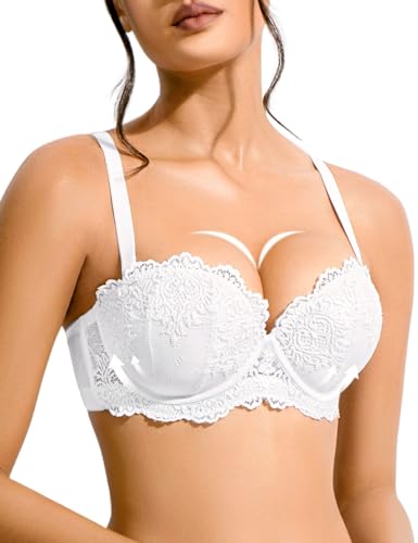 YBCG Trägerloser Push-up-BH mit transparenten Trägern, Spitze, gepolstert, 2 Körbchen, wandelbar, Mutiway-Balkonette-Bügel für Damen, Weiss/opulenter Garten, 85C von YBCG