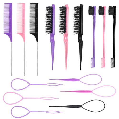 YBEATY 15-teiliges Styling Kamm Set 1 Dreifach Toupierbürste Kantenbürste 1 Rattenschwanzkamm Zopfschleifen für Damen Mädchen in Pink von YBEATY