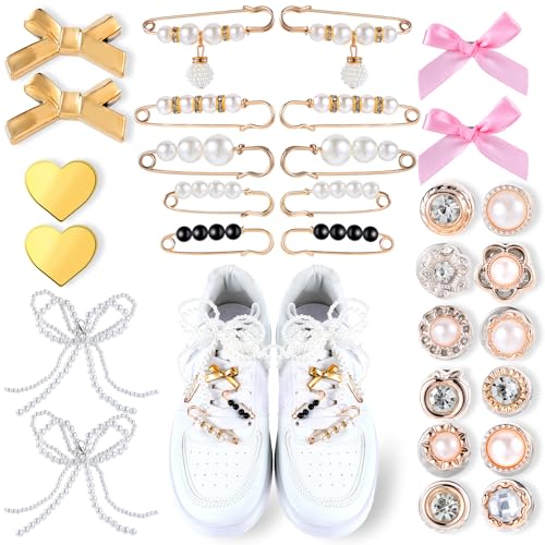 YBEATY 30 Stück Schuhanhänger Charms Turnschuhe Schnürsenkel Socken Zubehör Schleifen Perlen Strass Clips Pins Schmuckanhänger DIY stilvolle Broschennadeln Knöpfe Dekorationsset für Frauen von YBEATY