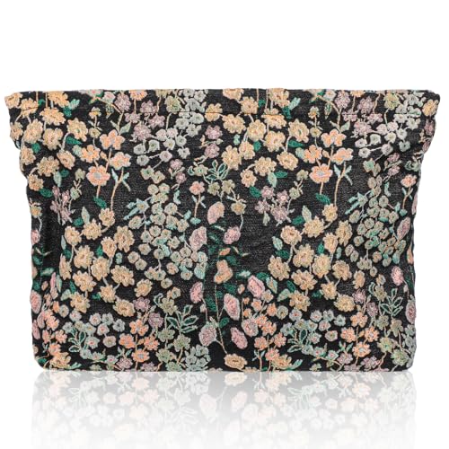 YBEATY Ästhetische Make-up-Tasche mit Blumenmuster, niedlich, klein, Kosmetiktasche mit Stickerei, Glücksblumen, großer kleiner Reißverschluss, Kosmetiktasche, Hautpflege-Aufbewahrung für Geldbörse von YBEATY
