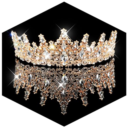 YBEATY Goldkrone Kristallkönigin Krone Prinzessinnen Tiara Strass Hochzeits Tiara Haarreif Brautschmuck für Frauen Mädchen Braut Geburtstag Abschlussball Festzug Party Halloween Cosplay von YBEATY