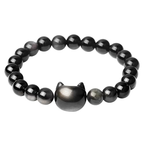 YBEATY Katze Armband für Damen Männer Kristall Katzenarmband schwarze Obsidian Armbänder NatursteinPerlenarmbänder süßer SchutzStretchSchmuck GlücksbringerSchmuck für viel Glück Geld Attraktion von YBEATY