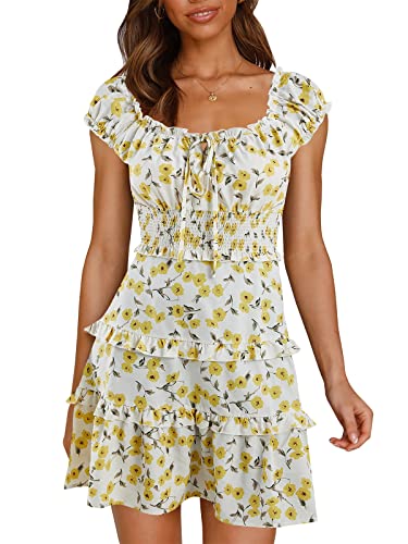 YBENLOVER Blumen Sommerkleid Damen High Waist Minikleid Vintage Strandkleid Freizeitkleid (M, A-Gelb) von YBENLOVER