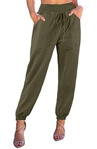 YBENLOVER Damen Baumwolle Hose High Waist Jogginghose Elastischer Bund Sommerhose mit Taschen Freizeithosen (L, Armeegrün) von YBENLOVER