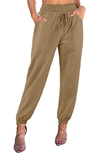YBENLOVER Damen Baumwolle Hose High Waist Jogginghose Elastischer Bund Sommerhose mit Taschen Freizeithosen (L, Khaki) von YBENLOVER