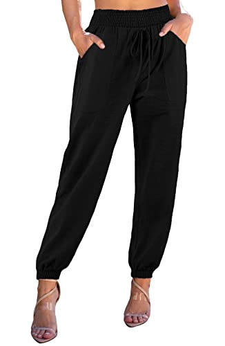 YBENLOVER Damen Baumwolle Hose High Waist Jogginghose Elastischer Bund Sommerhose mit Taschen Freizeithosen (S, Schwarz) von YBENLOVER