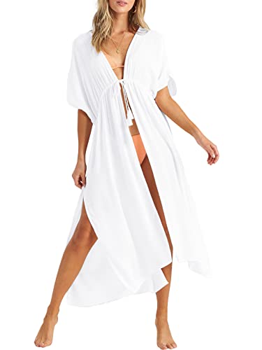 YBENLOVER Damen Bikini Cover Up Lang Strand Badenanzug V-Ausschnitt Strandponcho Sexy Beachwear (L, Weiß) von YBENLOVER