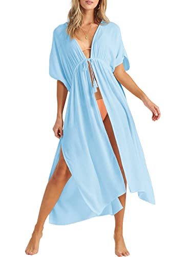 YBENLOVER Damen Bikini Cover Up Lang Strand Badenanzug V-Ausschnitt Strandponcho Sexy Beachwear (M, Hellblau) von YBENLOVER