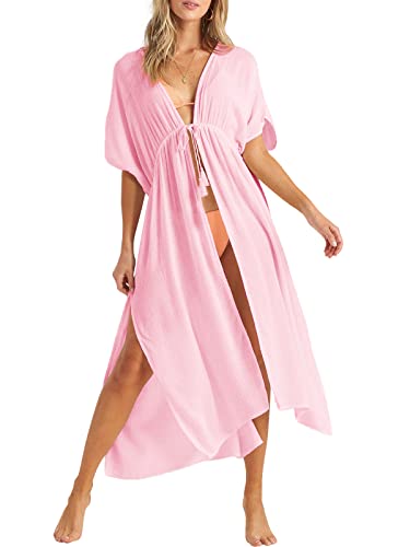 YBENLOVER Damen Bikini Cover Up Lang Strand Badenanzug V-Ausschnitt Strandponcho Sexy Beachwear (M, Hellrosa) von YBENLOVER