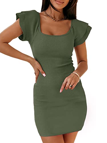 YBENLOVER Damen Bodycon Kleid Sexy Partykleid Einfarbig Minikleid Kurzarm Freizeitkleid Rüschen Abendkleid (S, Armeegrün) von YBENLOVER