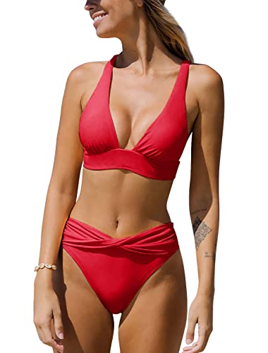 YBENLOVER Damen Halter Push Up Bikini Set Sexy V-Ausschnitt Badeanzug High Waist Bauchweg Bademode (XL, Rot) von YBENLOVER