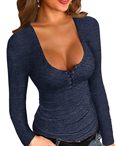 YBENLOVER Damen Henley Shirt Langarm V-Ausschnitt Tops Casual Button Down Shirts Sexy Slim Oberteile (L, Dunkel Blau) von YBENLOVER