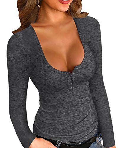 YBENLOVER Damen Henley Shirt Langarm V-Ausschnitt Tops Casual Button Down Shirts Sexy Slim Oberteile (L, Dunkel Grau) von YBENLOVER