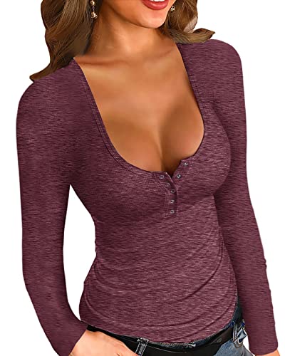 YBENLOVER Damen Henley Shirt Langarm V-Ausschnitt Tops Casual Button Down Shirts Sexy Slim Oberteile (L, Weinrot) von YBENLOVER