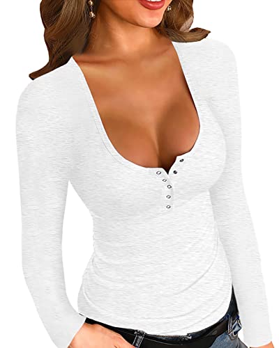 YBENLOVER Damen Henley Shirt Langarm V-Ausschnitt Tops Casual Button Down Shirts Sexy Slim Oberteile (L, Weiß) von YBENLOVER