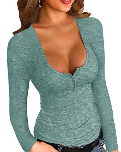 YBENLOVER Damen Henley Shirt Langarm V-Ausschnitt Tops Casual Button Down Shirts Sexy Slim Oberteile (M, Himmelblau) von YBENLOVER