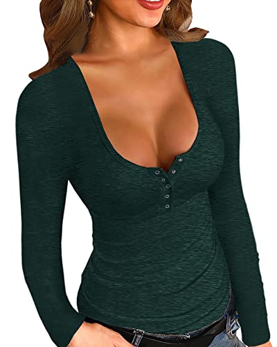 YBENLOVER Damen Henley Shirt Langarm V-Ausschnitt Tops Casual Button Down Shirts Sexy Slim Oberteile (S, Dunkel Grün) von YBENLOVER