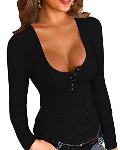 YBENLOVER Damen Henley Shirt Langarm V-Ausschnitt Tops Casual Button Down Shirts Sexy Slim Oberteile (XL, Schwarz) von YBENLOVER