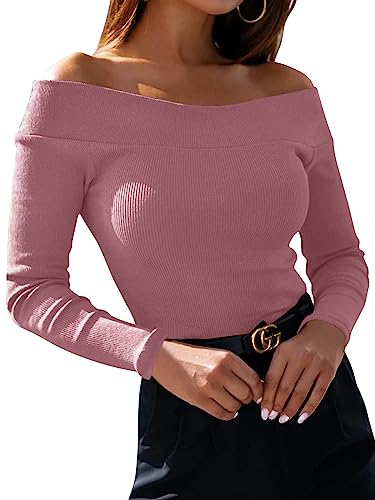 YBENLOVER Damen Langarmshirt Sexy Schulterfrei Tops Einfarbig Slim Tshirt Casual Oberteile Elastische Pulli (M, Rosa) von YBENLOVER