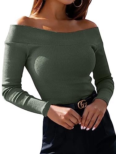 YBENLOVER Damen Langarmshirt Sexy Schulterfrei Tops Einfarbig Slim Tshirt Casual Oberteile Elastische Pulli (XL, Grün) von YBENLOVER