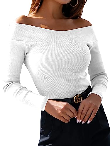 YBENLOVER Damen Langarmshirt Sexy Schulterfrei Tops Einfarbig Slim Tshirt Casual Oberteile Elastische Pulli (XXL, Weiß) von YBENLOVER