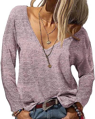 YBENLOVER Damen Langarmshirt Sexy V-Ausschnitt Tops Casual Einfabrig Shirts Langarm Oberteile (L, Rosa) von YBENLOVER