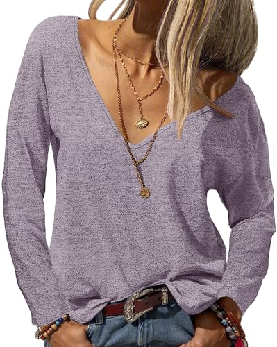 YBENLOVER Damen Langarmshirt Sexy V-Ausschnitt Tops Casual Einfabrig Shirts Langarm Oberteile (M, Violett) von YBENLOVER