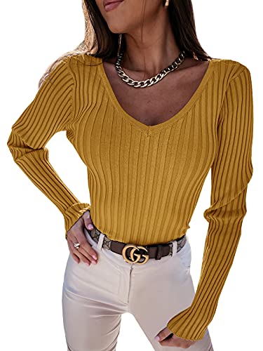 YBENLOVER Damen Langarmshirt V-Ausschnitt Sweater Casual Einfabrig Tops Warm Strickpullover Basic Oberteile (L, Gelb) von YBENLOVER