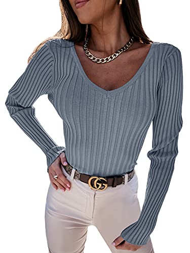 YBENLOVER Damen Langarmshirt V-Ausschnitt Sweater Casual Einfabrig Tops Warm Strickpullover Basic Oberteile (L, Grau) von YBENLOVER