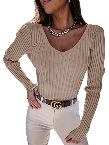 YBENLOVER Damen Langarmshirt V-Ausschnitt Sweater Casual Einfabrig Tops Warm Strickpullover Basic Oberteile (L, Khaki) von YBENLOVER