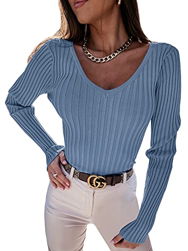 YBENLOVER Damen Langarmshirt V-Ausschnitt Sweater Casual Einfabrig Tops Warm Strickpullover Basic Oberteile (XL, Himmelblau) von YBENLOVER