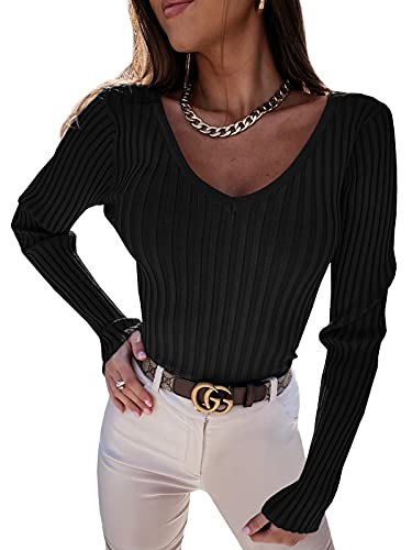 YBENLOVER Damen Langarmshirt V-Ausschnitt Sweater Casual Einfabrig Tops Warm Strickpullover Basic Oberteile (XXL, Schwarz) von YBENLOVER