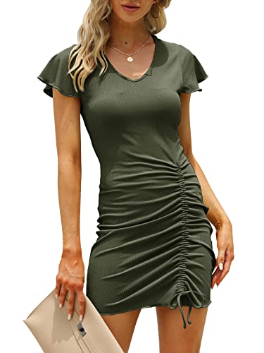 YBENLOVER Damen Sexy Bodycon Kleider V-Ausschnitt Cocktailkleid Kurzarm Knielang Sommerkleid Mit Kordelzug Party Freizeitkleid (S, Armeegrün) von YBENLOVER