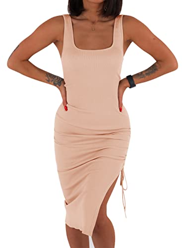 YBENLOVER Damen Sexy Kleid Sommer Bodycon Partykleid ärmellos Midikleid Mit Kordelzug Abendkleid Freizeitkleid (L, Khaki) von YBENLOVER