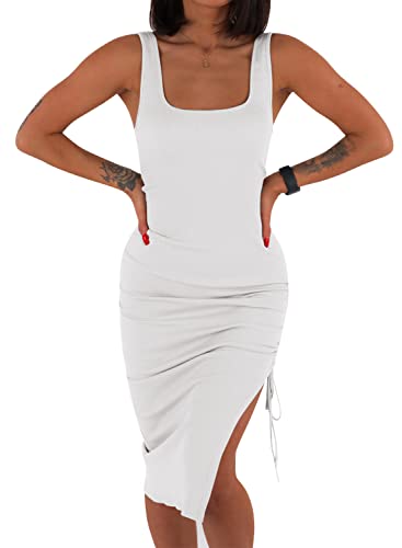 YBENLOVER Damen Sexy Kleid Sommer Bodycon Partykleid ärmellos Midikleid Mit Kordelzug Abendkleid Freizeitkleid (L, Weiß) von YBENLOVER