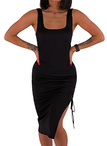 YBENLOVER Damen Sexy Kleid Sommer Bodycon Partykleid ärmellos Midikleid Mit Kordelzug Abendkleid Freizeitkleid (M, Schwarz) von YBENLOVER