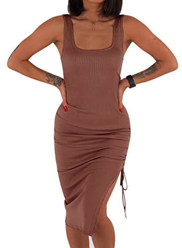 YBENLOVER Damen Sexy Kleid Sommer Bodycon Partykleid ärmellos Midikleid Mit Kordelzug Abendkleid Freizeitkleid (XL, Braun) von YBENLOVER