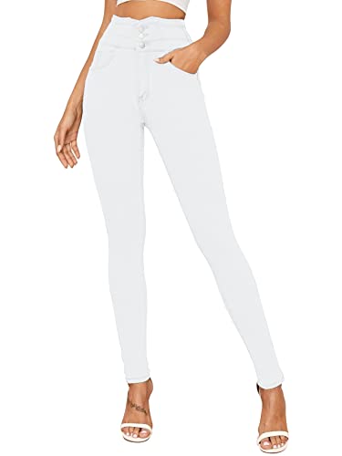 YBENLOVER Damen Skinny Jeans High Waist Deinm Jeggings Knopfleiste Stretch Hose mit Taschen Pants Legging (L/10, Weiß) von YBENLOVER