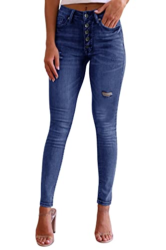 YBENLOVER Damen Skinny Jeans High Waist Deinm Jeggings Knopfleiste Stretch Hose mit Taschen Pants Legging (XS, Z-Blau) von YBENLOVER