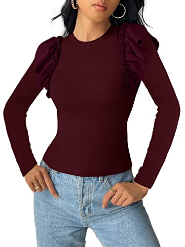 YBENLOVER Damen Langarmshirt Rundhals Slim Fit Top mit Rüschen Einfabrig Oberteile Herbst Shirt von YBENLOVER