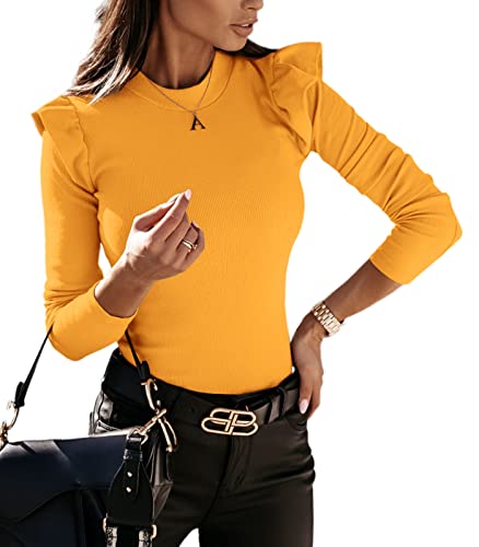 YBENLOVER Damen Langarmshirt Rundhals Slim Fit Top mit Rüschen Einfabrig Oberteile Herbst Shirt (Gelb, XL) von YBENLOVER