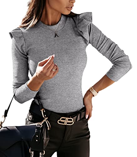 YBENLOVER Damen Langarmshirt Rundhals Slim Fit Top mit Rüschen Einfabrig Oberteile Herbst Shirt (Grau, XXL) von YBENLOVER