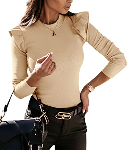 YBENLOVER Damen Langarmshirt Rundhals Slim Fit Top mit Rüschen Einfabrig Oberteile Herbst Shirt (Khaki, XXL) von YBENLOVER